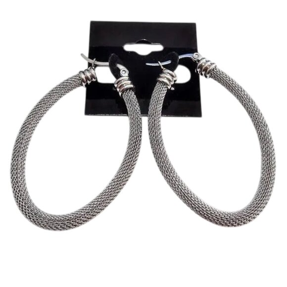 2 1/8" Long Oval Mesh Hoop Pierced Post Earrings Silver Tone 56mm Stainless Stee - Picture 2 of 6